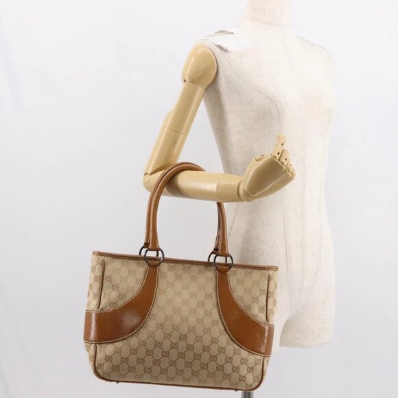 GUCCI GG Canvas Tote Bag Beige Silver 113011 Auth 148839V - Picture 1 of 16